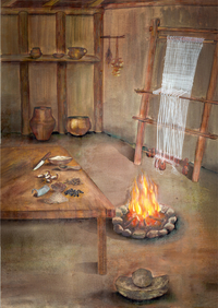 Pohled do interiéru nadzemního domu kůlové konstrukce.