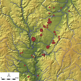 Mapa nalezišť depotů z období popelnicových polí na Malé Hané