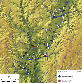 Mapa území Malé Hané s doklady osídlení z období popelnicových polí.