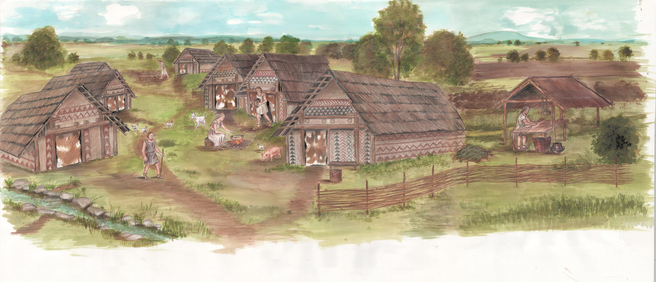 Rekonstrukce osady z období popelnicových polí.
